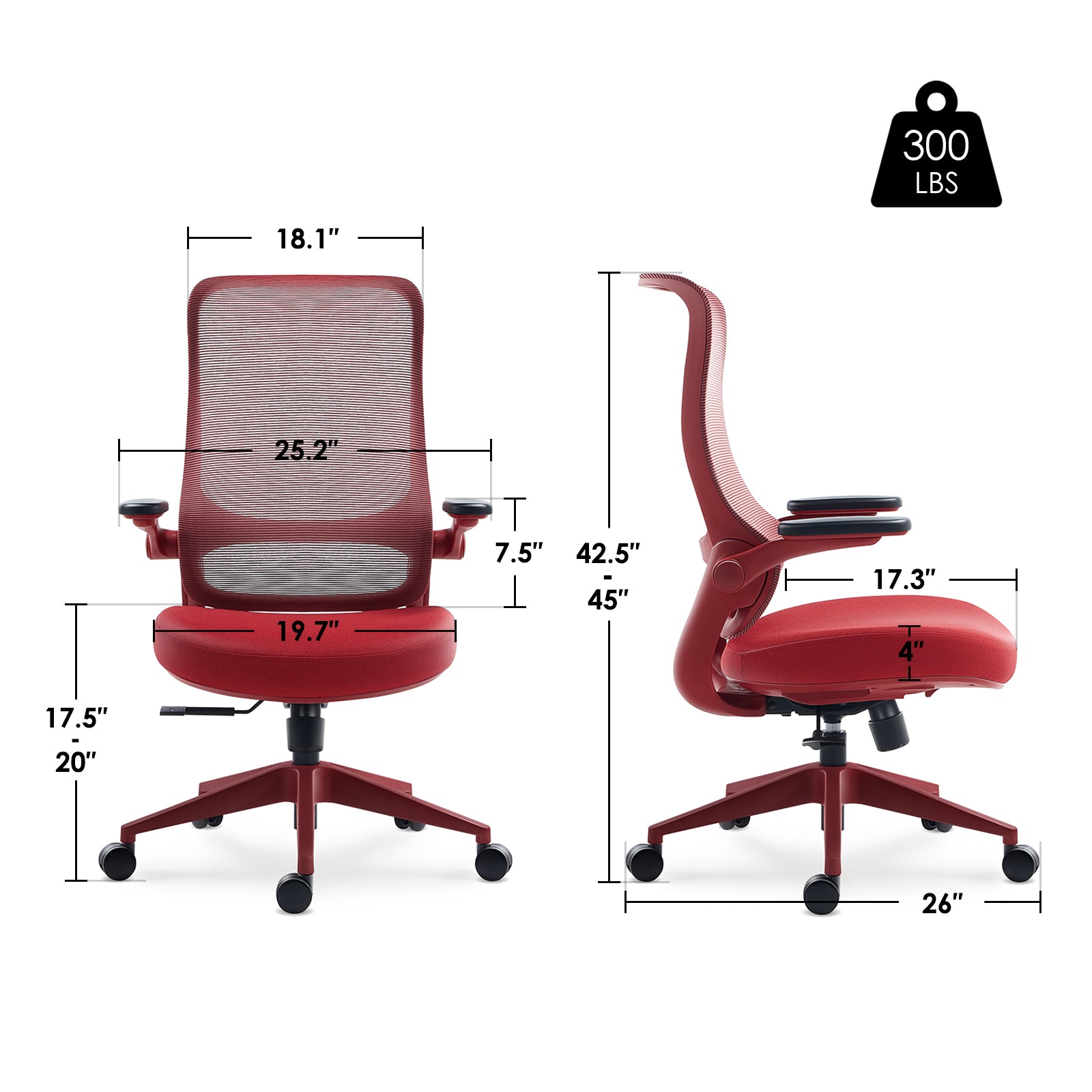 Red mesh desk chair dimension view
