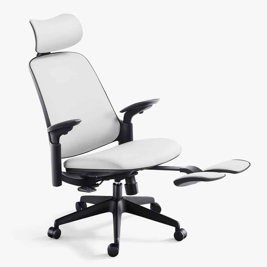 black grey ergonomic leather chair with black frame and footrest