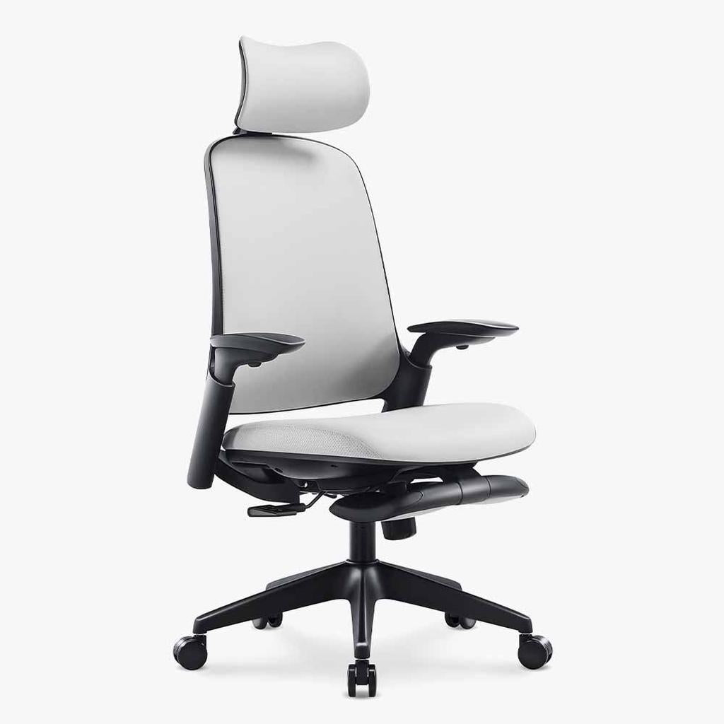 black grey ergonomic leather chair with black frame and 4d adjustable armrests