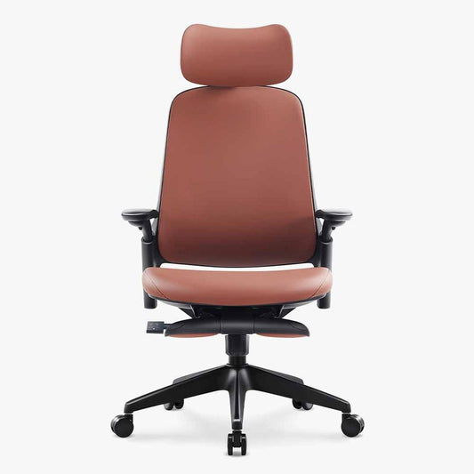 dark brown ergonomic leather chair with 4D adjustable armrests