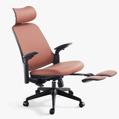 dark brown ergonomic leather chair with footrest
