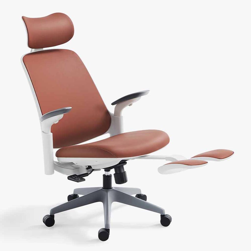 dark brown ergonomic leather chair with white frame and w footrest