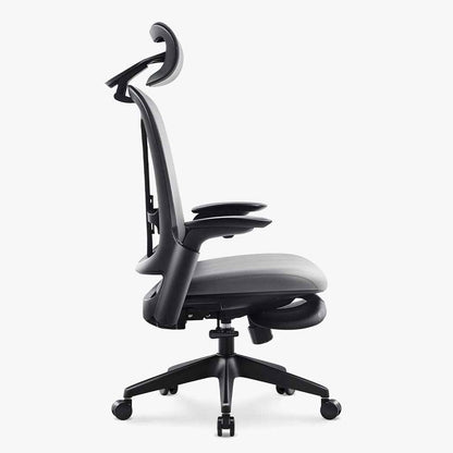 grey ergonomic leather chair with black frame and headrest