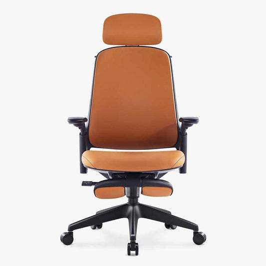 brown ergonomic leather chair with 4D adjustable armrests