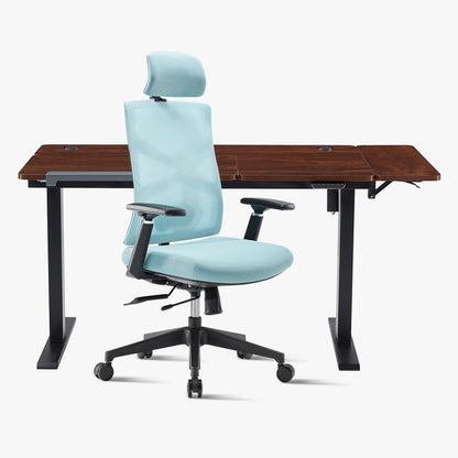 Sunaofe Light Blue Ergonomic Office Chair Dark Wood Desk