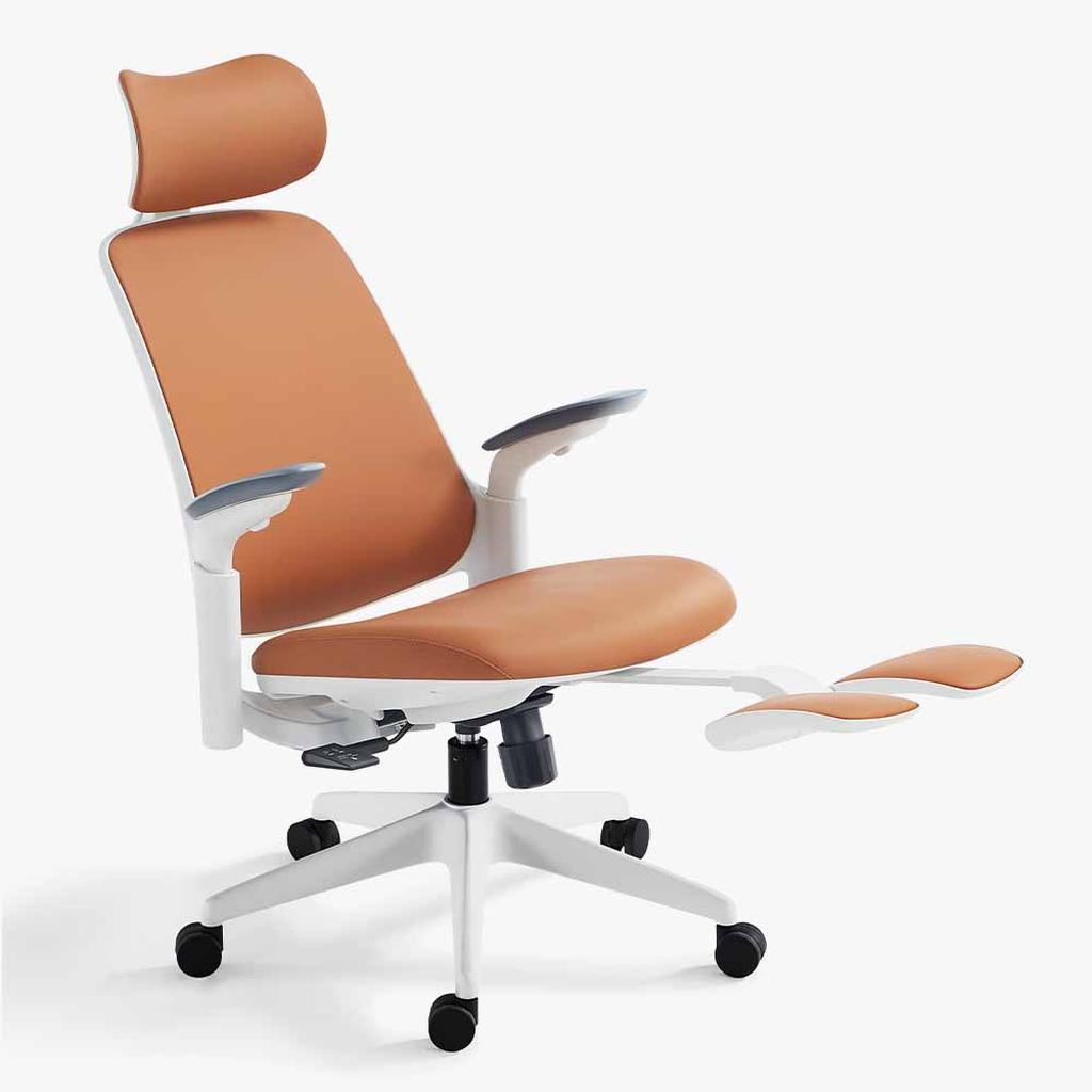 brown ergonomic leather chair with white frame and footrest