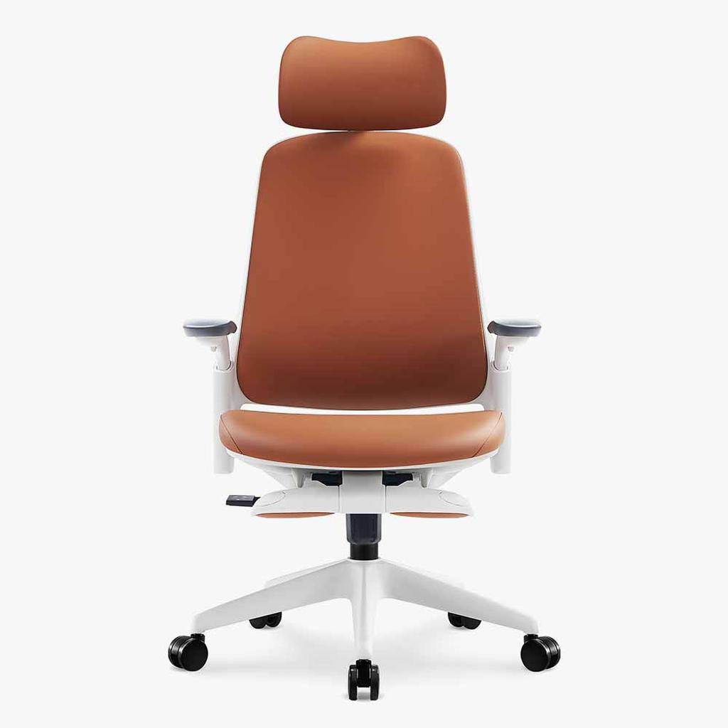 brown ergonomic leather chair with white frame