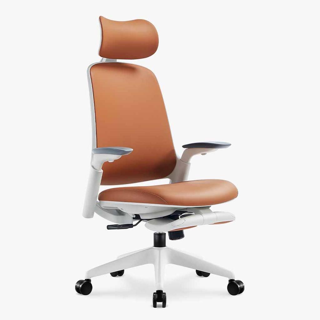 brown ergonomic leather chair with white frame and 4D adjustable armrests
