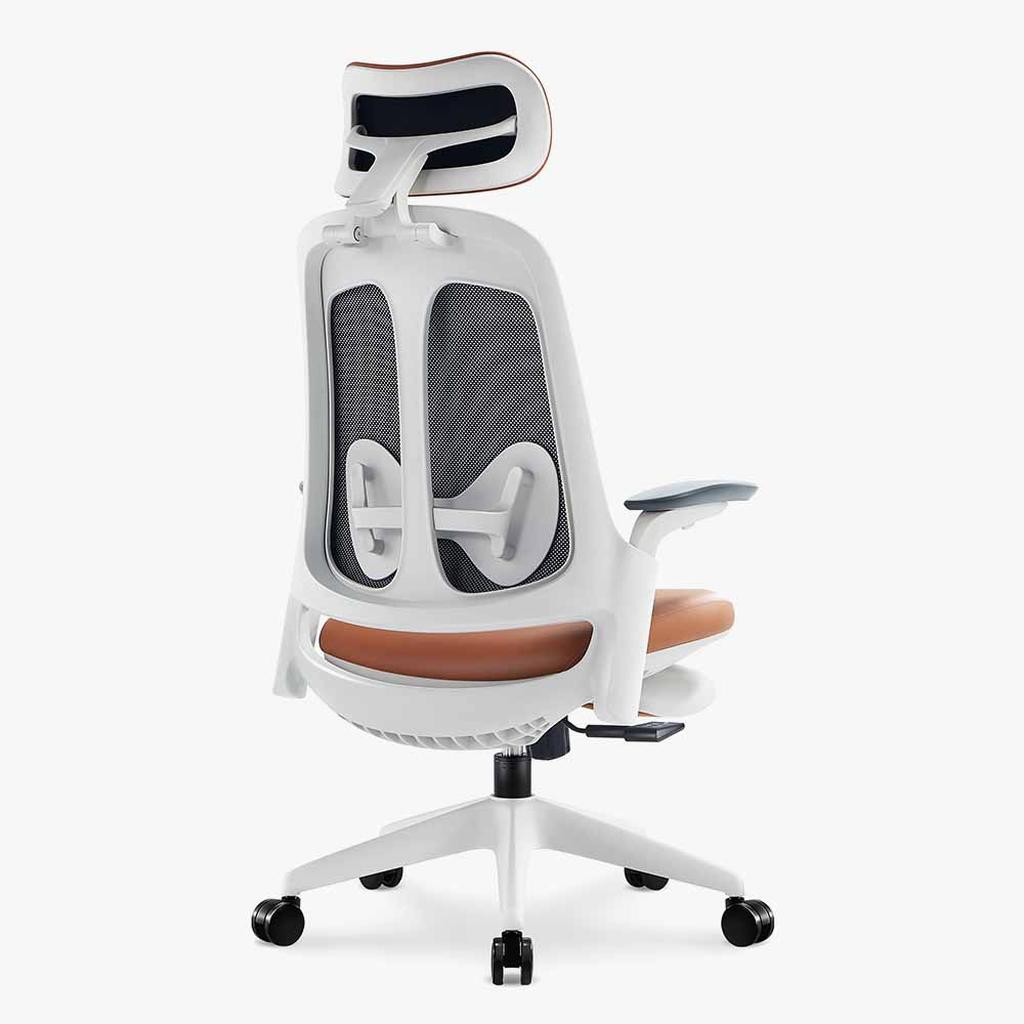 brown ergonomic leather chair with white frame and lumbar support
