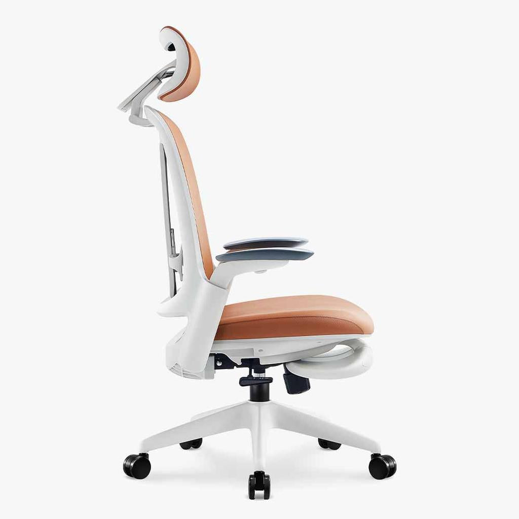 brown ergonomic leather chair with white frame and headrest