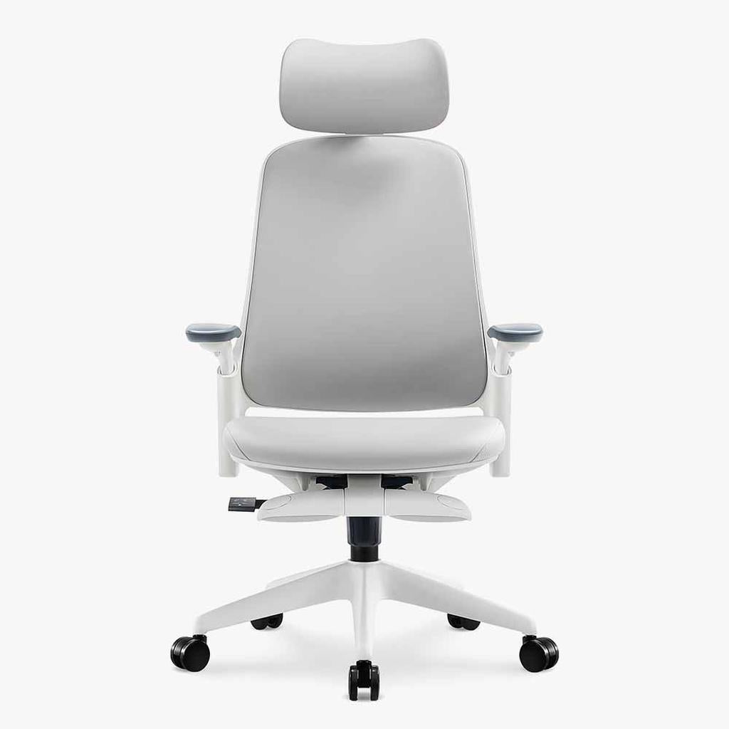 greyish ergonomic leather chair with 4D adjustable armrests