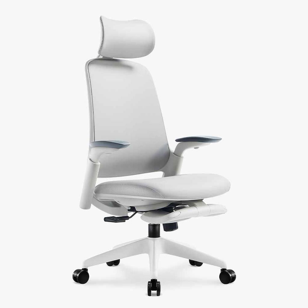 greyish ergonomic leather chair with headrest