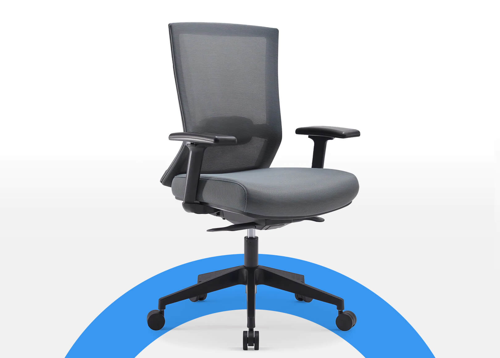 Grey Elite67 ergonomic office chair with breathable mesh back, adjustable features, and thick seat padding for all-day comfort and support.