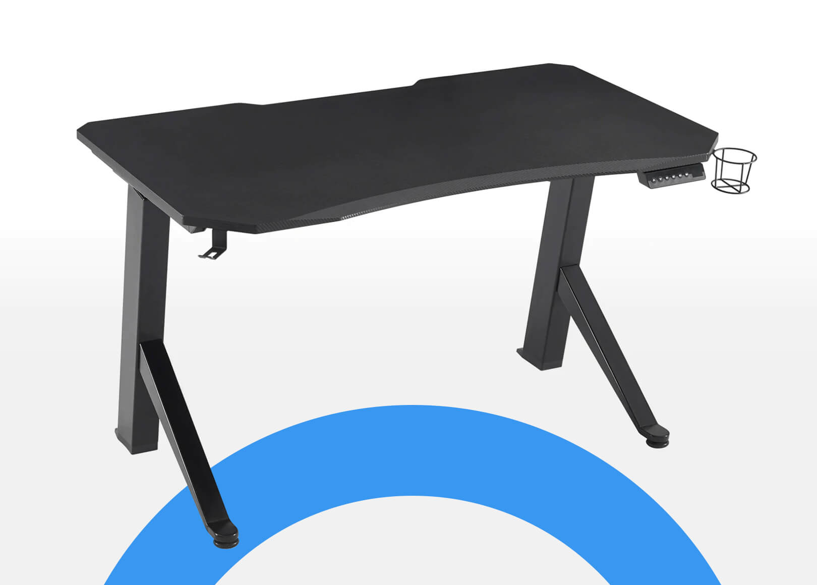 Easy-to-move gaming desk with built-in retracting castors, oblique angle design for sturdiness and high load capacity, anti-skid and oil-proof panel, cable management, headphone hook, and water cup holder. LED digital display controller for precise height control. SGS certified for low formaldehyde emission. Enhance your gaming experience with the Sunaofe Gaming Standing Desk-Challenger.