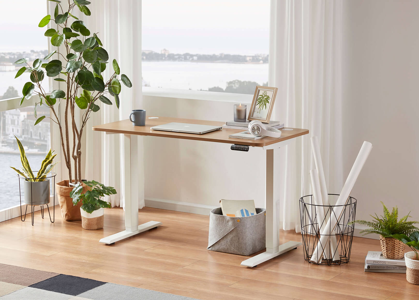 Sunaofe Dual Motor Light Oak Top with White Frame Standing Desk for Home and Office