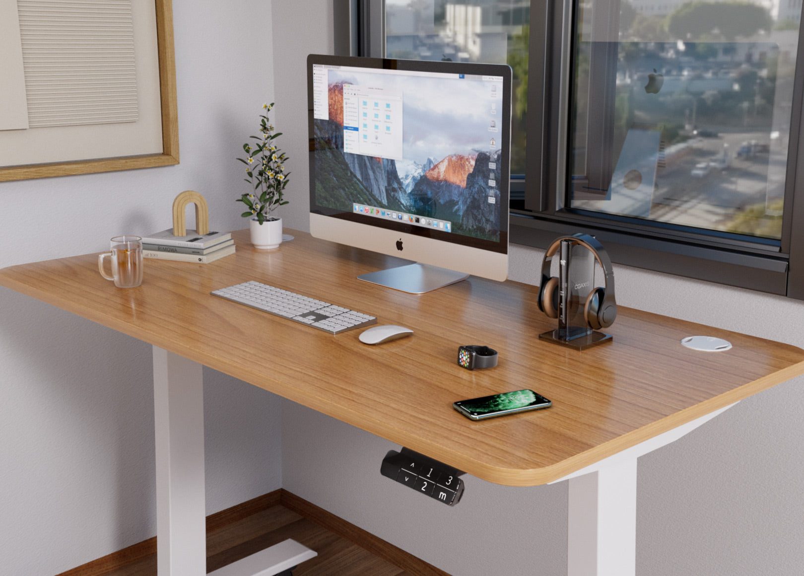 Transform your home office into a comfortable and productive workspace with our Sunaofe Tau2 standing desk. Our versatile desk is designed with dual motors and adjustable height settings to help you find the perfect working position. This scenario photo showcases the desk in a stylish home office setting, complete with natural light and ergonomic accessories. Order now and experience the benefits of a healthier and more efficient workday!