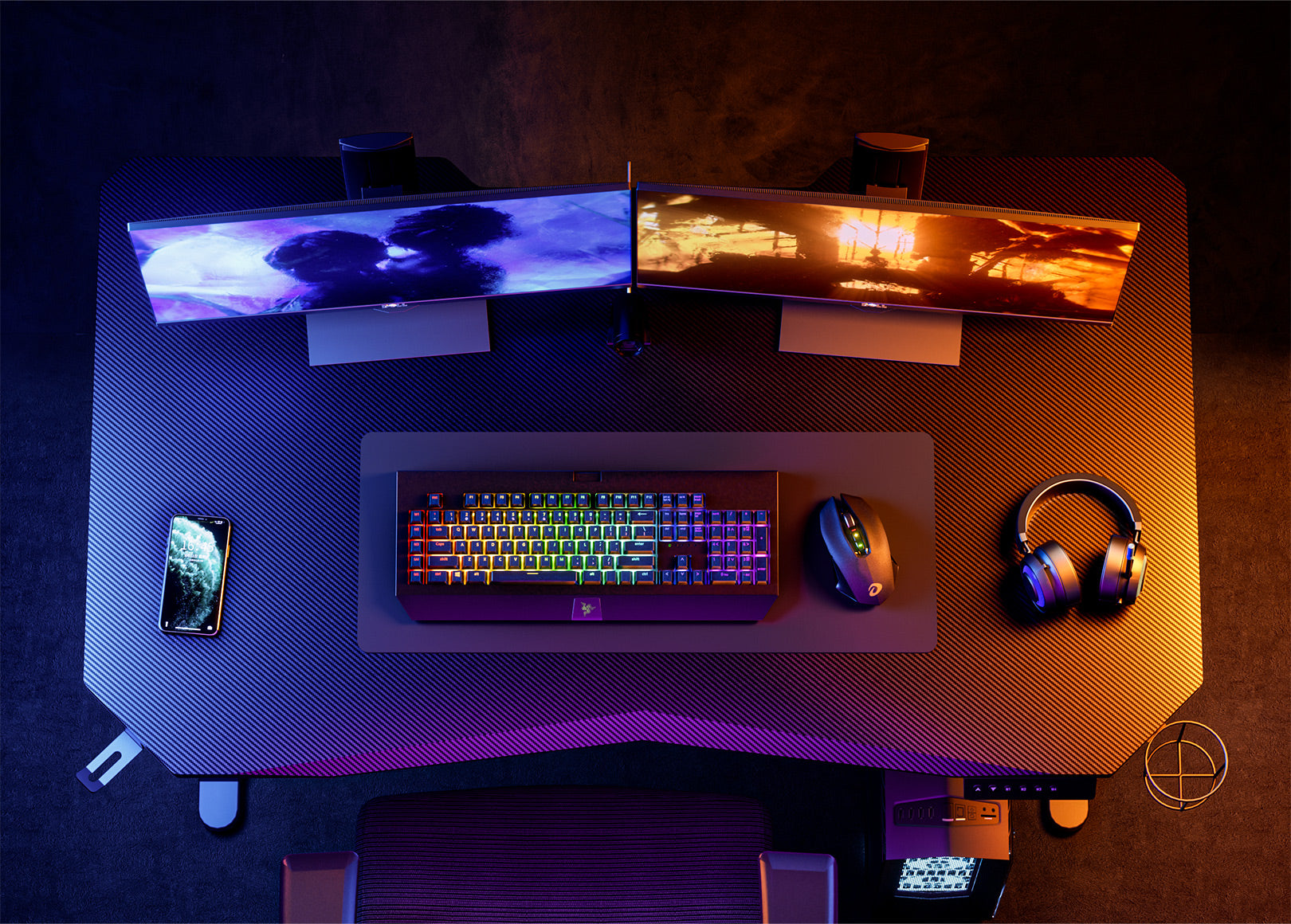 Gaming setup with Sunaofe Gaming Standing Desk-Challenger, LED-lit keyboard, high-performance mouse, and immersive monitor