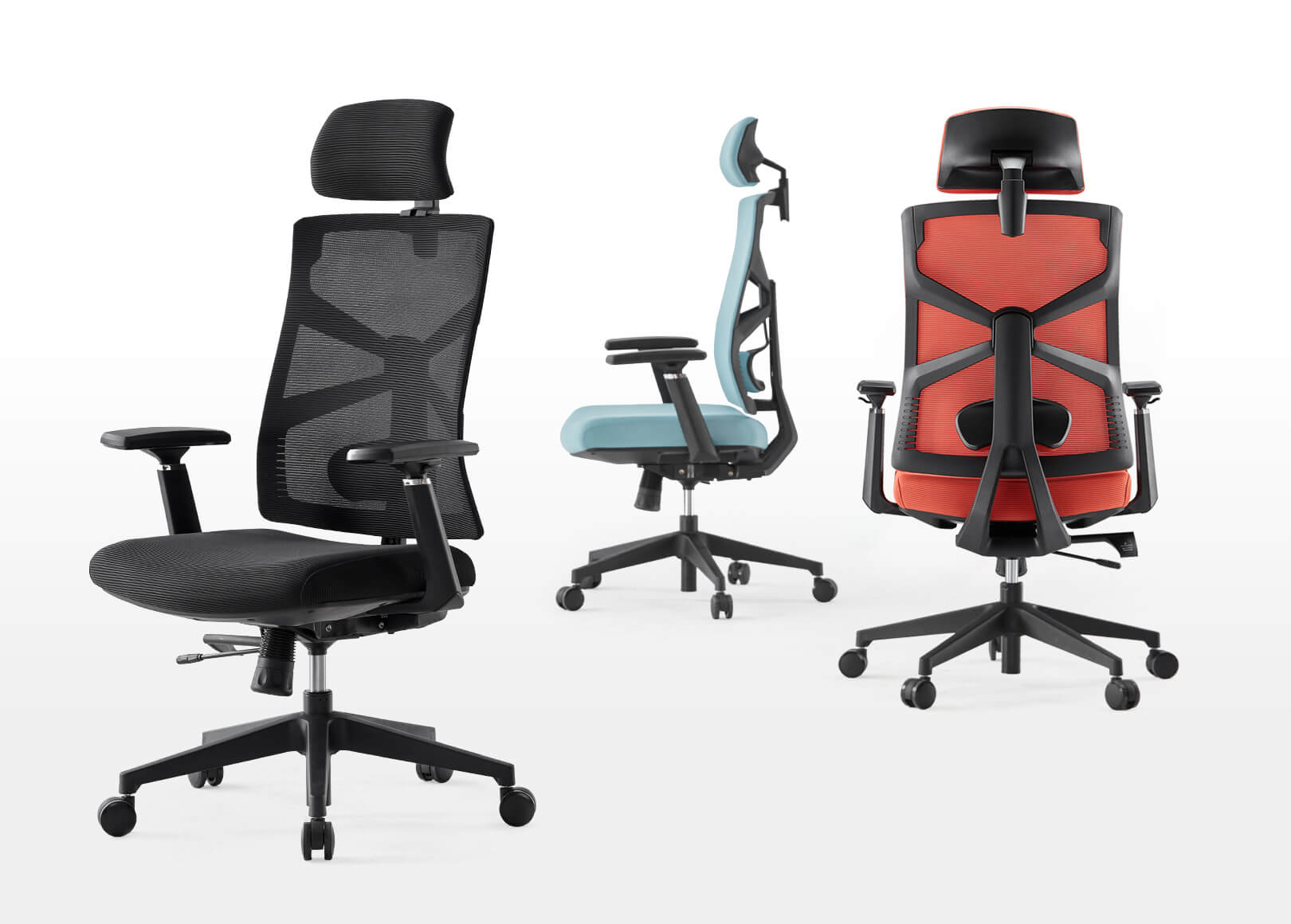 Ergonomic Desk Chairs Voyager Pro Chairs in Orange, Cyan and Black  with Adjustable Seat Depth and Tilt Tension